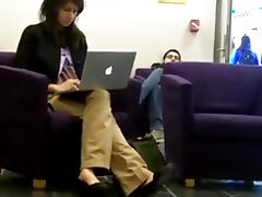 Candid heelpopping and Shoeplat Feet at Library